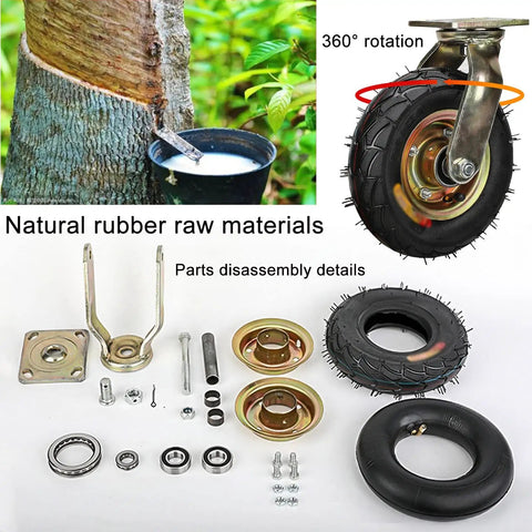 Heavy Duty Industrial Caster Wheels With Pneumatic Rubber Tires And Double Ball Bearings, parts detail and 360° rotation.