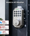 No More Fumbling Keyless Entry Door Lock For Front Door With Keypad And One Hundred Stored Codes Rock Solid Electronic Deadbolt Auto Lock Easy Install Satin Nickel Finish shows waterproof keypad lock in snow and rain.