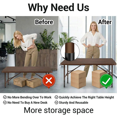 Before and after image showing Heavy Duty 4 Pack Folding Table Leg Extenders With Three Level Adjustable Risers in use.