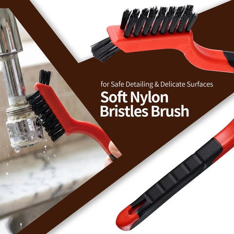 Close-up of nylon bristles brush from 9 Piece Heavy Duty Wire Brush Kit With Stainless Steel And Nylon Scrubbers 2 Metal Paint Scrapers Ergonomic Hand Scrubbers For Welding Slag Paint Grime Rust And Tough Cleaning Jobs.