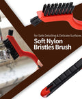 Heavy Duty Wire Brush Set With Stainless Steel And Nylon Bristles Includes Wood Handle Brushes And Metal Scrapers For Welding Slag Paint BBQ And Grill Cleaning Ten Piece All Purpose Scrubbing Kit showing soft nylon bristles brush in red.