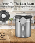 16 Ounce Stainless Steel Coffee Canister With Scoop, Airtight Storage, CO2 Valve, Date Tracker on Kitchen Counter.