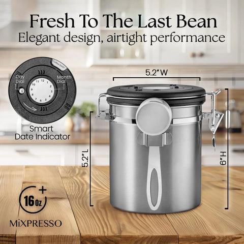 16 Ounce Stainless Steel Coffee Canister With Scoop, Airtight Storage, CO2 Valve, Date Tracker on Kitchen Counter.