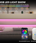 RGB LED light show on Smart Headboard Shelf of Snag This Super Roomy Queen Size Bed Frame With Plush Beige Velvet Upholstery.