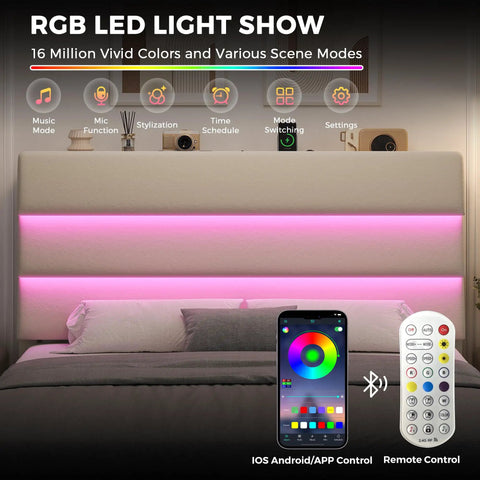 RGB LED light show on Smart Headboard Shelf of Snag This Super Roomy Queen Size Bed Frame With Plush Beige Velvet Upholstery.