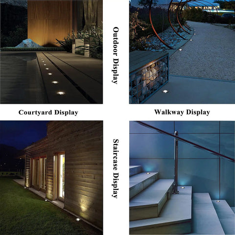 5W In Ground Well Light Kit illuminating pathways, courtyards, walkways, and stairs; low voltage 12-24V AC DC, IP67 waterproof aluminum lights.