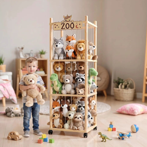 56 Inch Tall Wooden Stuffed Animal Storage Tower With Wheels in playroom, holding plush toys with child nearby