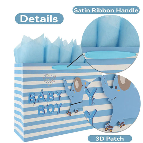16.5 Inch Extra Large Baby Boy Gift Bag Set With Handles Greeting Card Blue Tissue Paper And Stickers 3D Elephant Design