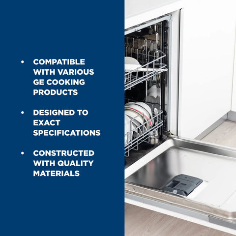 Open dishwasher with dishes loaded, showcasing compatibility for Dishwasher Timer Replacement WD21X10474 Compatible With Multiple Models OEM Authorized Aftermarket Part Black Built To Last DIY Friendly Install No Fuss Fit Designed For Reliable Performance In Dishwashers.