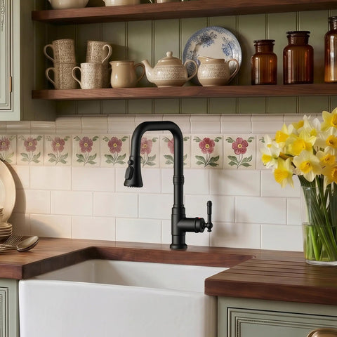 FORIOUS Vintage Kitchen Sink Faucet with Pull Down Sprayer, Matte Black installed in a farmhouse kitchen with wooden countertop.