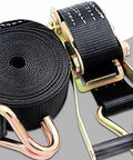 Four Pack Heavy Duty Ratchet Straps Two Inch By Twenty Foot Cargo Tie Downs Lock Down Your Truck Bed Tough As Nails For Hauling Gear And Trailers, showing black straps with hooks.