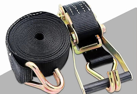 Four Pack Heavy Duty Ratchet Straps Two Inch By Twenty Foot Cargo Tie Downs Lock Down Your Truck Bed Tough As Nails For Hauling Gear And Trailers, showing black straps with hooks.
