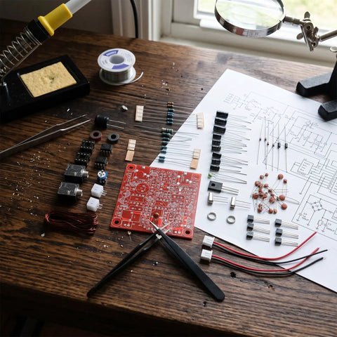 Component layout for Rad Forty Nineer 3W CW Shortwave Transmitter Receiver Kit for DIY enthusiasts on a wooden desk.