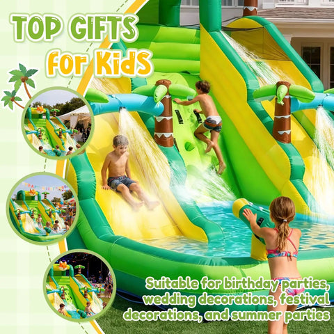 Children playing on 17 Foot Inflatable Water Slide With Built In Pool Climbing Wall And Water Spray Wet And Dry Dual Use Backyard Water Park Gear For Family Fun Epic Summer Party Splash Easy Setup And Compact Storage