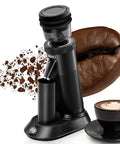 Badass Hella Precise Electric Burr Coffee Grinder With Robust Aluminum Body And Slick Single Dose Design Featuring 36 Crisp Grind Settings For Serious Home Baristas, showing ground coffee and bean.