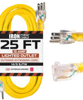 Weatherproof Outdoor Extension Cord 25 Ft Heavy Duty 14/3 SJTW 15 Amp Yellow 3 Prong Lighted End with packaging