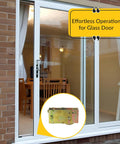 Replacement Roller Assembly For Crown Lawson Stamped Glass Doors Model 90011287 with adjustable steel housing and brass finish wheel, shown installed on sliding patio doors.