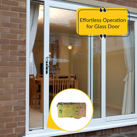 Replacement Roller Assembly For Crown Lawson Stamped Glass Doors Model 90011287 with adjustable steel housing and brass finish wheel, shown installed on sliding patio doors.