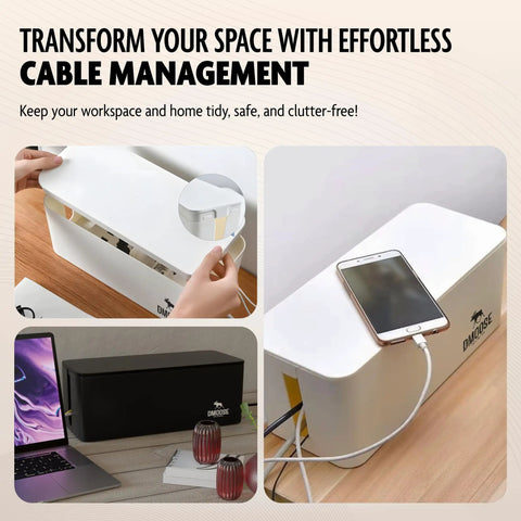 Big Cord Clutter Killer Cable Management Box with power strips and messy cords hidden in ABS safe organizer XL black setup