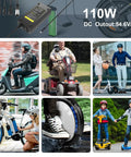 Collage image of 7-in-1 Universal 54.6V 2A Ebike Charger use with e-bikes, scooters, and hoverboards