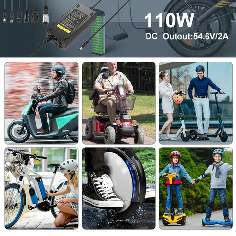 Collage image of 7-in-1 Universal 54.6V 2A Ebike Charger use with e-bikes, scooters, and hoverboards