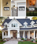 Lighted House Numbers For Outside Solar Powered LED Address Sign For Home Garden Yard Street Mailbox Wall Mounted Or Inserted With Stakes Weather Resistant Durable Build For Curb Appeal And Easy No Fuss Installation At Night shown on house and lawn