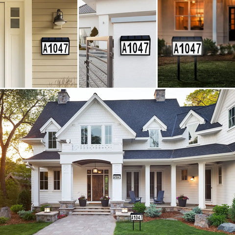 Lighted House Numbers For Outside Solar Powered LED Address Sign For Home Garden Yard Street Mailbox Wall Mounted Or Inserted With Stakes Weather Resistant Durable Build For Curb Appeal And Easy No Fuss Installation At Night shown on house and lawn