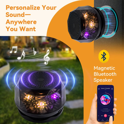 Compact magnetic Bluetooth speaker with colorful LED lights, shown in a garden setting with a smartphone app.
