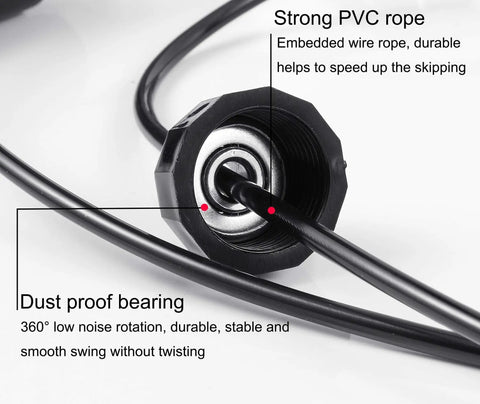 Close-up of adjustable jump rope with ball bearing and PVC-coated steel wire for fast cardio, showcasing tangle-free design.