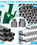 Super Duper Handy Dual Size Pvc Pipe Threading Kit! This Bad Boy Handles Both Internal And External Threads With Ease For 1/2 And 3/4 Inch Pipes. Various colored pipes including PPR, PVC, and MPP for plumbing.