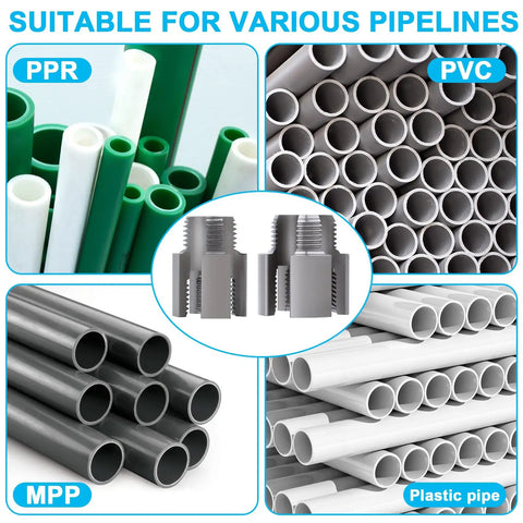 Super Duper Handy Dual Size Pvc Pipe Threading Kit! This Bad Boy Handles Both Internal And External Threads With Ease For 1/2 And 3/4 Inch Pipes. Various colored pipes including PPR, PVC, and MPP for plumbing.