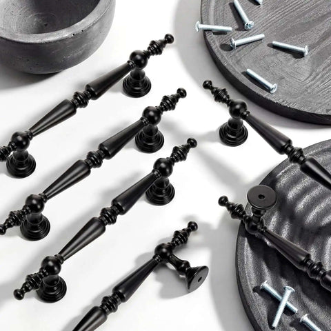 6 Pack Matte Black Vintage Cabinet Pulls Measuring 6 Inches Long With 3 75 Inch Hole Spacing on a white background.