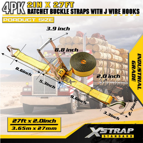 4 Pack 2 Inch By 27 Foot Heavy Duty Ratchet Tie Down Straps With Double J Hooks, industrial grade straps by truck