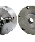 Eight Inch Three Jaw Self Centering Scroll Lathe Chuck With One Point Five Inch Eight Thread Backplate, close-up view of jaws and backing plate.
