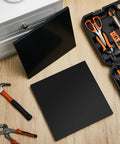 Two Black HDPE Sheets 12x12 Inches Thick One Inch And One Half Inch High Density Polyethylene Board For DIY Projects Machining And Home Use Built Tough Durable Plastic Sheets Bundle shown with tools