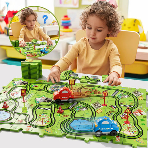 Toddler playing with 56 Piece Jigsaw Race Track Car Set For Toddlers And Kids Ages 2 3 4 5 6 Colorful City Theme Puzzle Tracks With Cars And Traffic Signs A Fun Gift For Boys That Builds Fine Motor Skills IQ And Imagination
