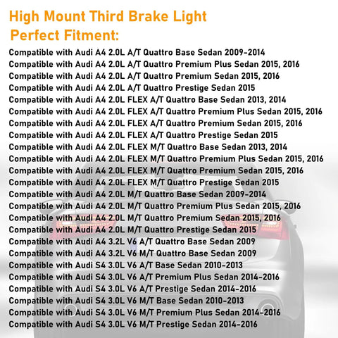 Fitment details for Center High Mount Stop Lamp Assembly compatible with Audi A4/A4 Quattro/S4 models, 2009-2015, 18 red LEDs.