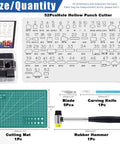 Diagram showing 55 Piece Hollow Punch Cutter Kit With 52 Shape Options, Carving Knife, 5 Blades, Rubber Hammer, A5 Cutting Mat.