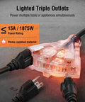 Illuminated triple tap plug of Beefy 45 Foot Retractable Extension Cord Reel With 12 Gauge 3 Conductor SJTOW Power Cord 15 Amp Breaker Lighted Triple Tap Ceiling Or Wall Mount ETL Listed Bright Orange