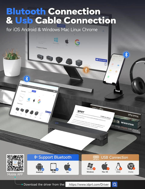 Grab And Go Portable Thermal Printer With 300Dpi Resolution Prints Docs On The Fly With Zero Ink Hassle Smooth Bluetooth Syncing For Fast Office Home Or Road Trips Supports Us Letter A4 Page Formats In Clean Black on desk with Bluetooth and USB cable connections.