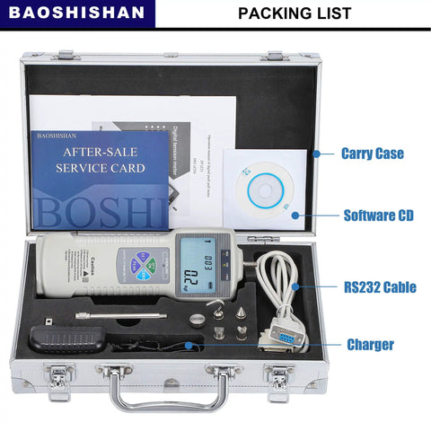 High Precision Digital Force Gauge 500N Push Pull Meter With Output Function For Lab And Shop Floor, 0.1N Resolution, 0.2 Percent Accuracy, 1000 Hz Sampling Speed, Includes Three Units. Carry case with gauge, accessories, CD, cable, charger