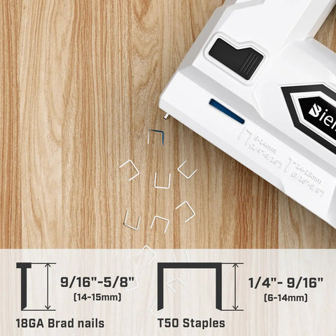 2 In 1 Cordless Electric Staple Gun And Brad Nailer Kit on wood surface with staples and nails, USB Charger, for woodworking and DIY