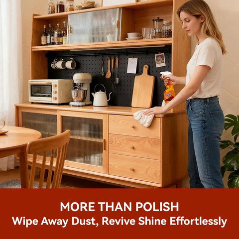 Woman using Top Shelf 2 In 1 Wood Cleaner And Furniture Polish Featuring Pure Orange Oil Spray on kitchen dresser.