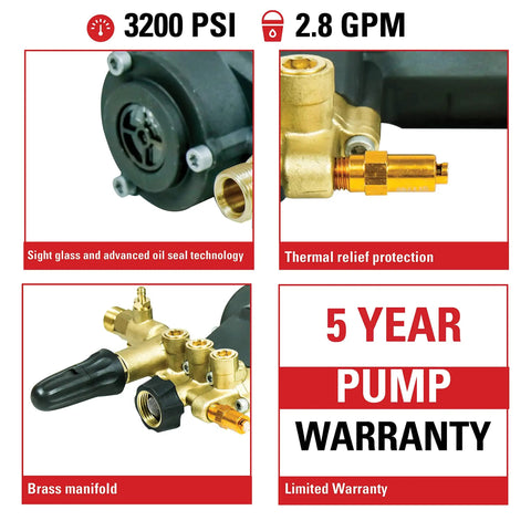 No Fuss Easy Install 3200 PSI 2.8 GPM Horizontal Replacement Pressure Washer Pump Kit details and 5-year warranty