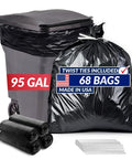 Image of 95-gallon trash bin with Beefed Up 95 Gallon Black Trash Bags With Twist Ties 68 Count 60x66 Inches Leak Proof Star Seal.