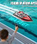 Child operating Remote Control Fire Rescue Boat for Kids and Adults, realistic firefighter RC boat in pool at high speed.