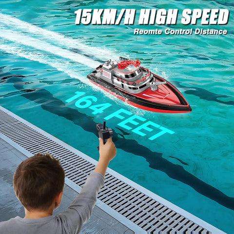 Child operating Remote Control Fire Rescue Boat for Kids and Adults, realistic firefighter RC boat in pool at high speed.