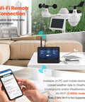 7 In 1 Wi Fi Solar Weather Station With 7 Inch Color Display for indoor outdoor monitoring on table near couch with phone app visible.