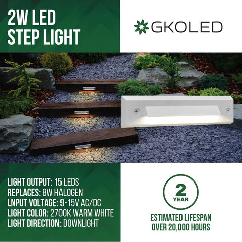 Six Pack Low Voltage LED Linear Step Lights For Outdoor Stairs That Glow Smoothly 9 To 15 Volt AC DC 2 Watt Waterproof Die Cast Aluminum With White Powder Coat Landscape Cutoff Riser Lighting Easy Install And Built To Last lit on garden steps