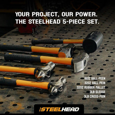 Five Piece Fiberglass Handle Hammer And Mallet Set For Demolition And Metal Working With 16oz Ball Peen 32oz Ball Peen